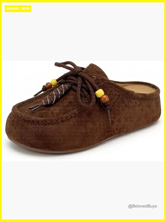 Shoes - Women's Suede Platform Mules with Lace Up Beaded Fashion Casual